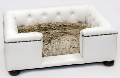 Casa Padrino Luxus Chesterfield Leder Hundebett Weiß / Schwarz / Braun 95 x 75 x H. 3