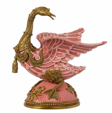 Casa Padrino Barock Skulptur Gans Rose / Gold - Messing / Porzellan 33.4 x 22.8 x H 3