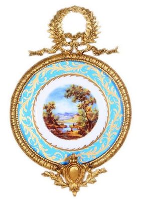 Casa Padrino Barock Keramik Wandbild mit verziertem Rahmen Mehrfarbig / Hellblau / Go
