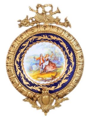 Casa Padrino Barock Keramik Wandbild mit verziertem Rahmen Mehrfarbig / Dunkelblau