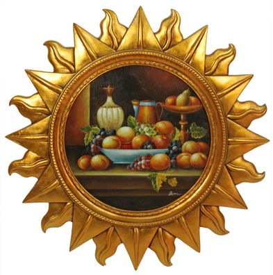 Casa Padrino Barock Wandbild Sonne mit Obst Mehrfarbig / Gold Ø 88 cm - Wanddeko - Ba