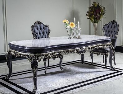 Casa Padrino Luxus Barock Esstisch Weiß / Blau / Gold - Handgefertigter Massivholz Es