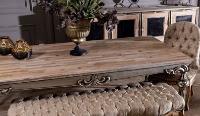 Casa Padrino Luxus Barock Esstisch Naturfarben / Silber - Prunkvoller Massivholz Essz