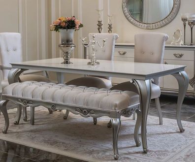 Casa Padrino Luxus Barock Esstisch Weiß / Silber - Eleganter Massivholz Küchentisch i