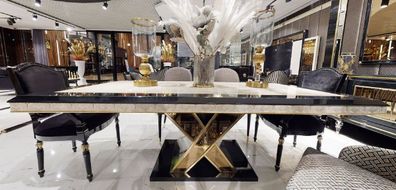 Casa Padrino Luxus Art Deco Esstisch Weiß / Schwarz / Gold - Art Deco Esszimmer Tisch