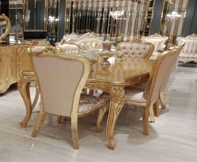 Casa Padrino Luxus Barock Esszimmer Set Rosa / Gold - 1 Barock Esstisch & 6 Barock Es