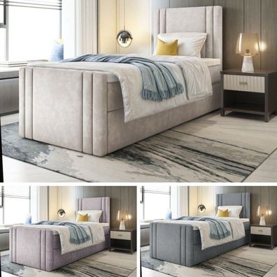Bett, Einzelbett Boxspringbett BEST MINI mit Fußteil und Bonell-Matratze + Bettkästen