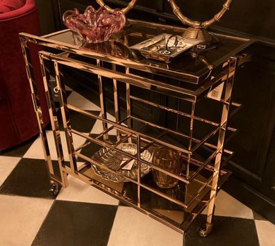 Casa Padrino Art Deco Bar Trolley Servierwagen Gold / Smoked Glass 77 x 42 x H. 77,5
