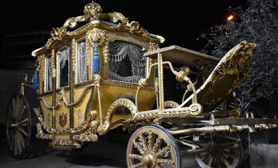 Casa Padrino Luxus Barock Königskutsche Gold / Blau / Grau - Prunkvolle Pferde Kutsch
