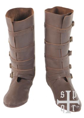 Mittelalterliche Stiefel aus Leder mit Riemenverschluss, 14. Jh