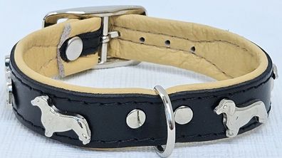 DACKEL Hundehalsband, LEDER, Halsumfang 23-27cm, (22mm breit) Schwarz/beige NEU
