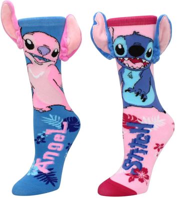 Cosplay Socken mit Fleece-Ohren - Blau-Pinkes Stitch Design