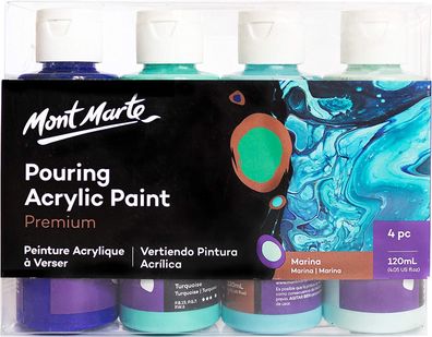 Mont Marte - Pouring Acrylfarben Set - MARINA, 4 x 120 ml, gießfertig & mischbar