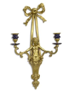 Bronzefigur Bronzeskulptur Bronze Wandkerzenhalter im Barock Stil H 54,5 cm Putte
