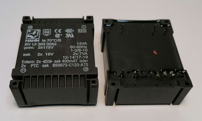 Printtrafo BVUI3930062 Hahn 14VA Primär 2x115V (230V) Sekundär 2x18V 2x389mA