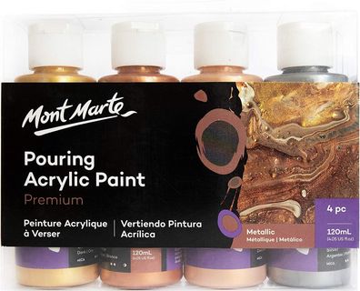 Mont Marte - Pouring Acrylfarben Set - Metallic, 4 x 120ml, gießfertig & mischbar