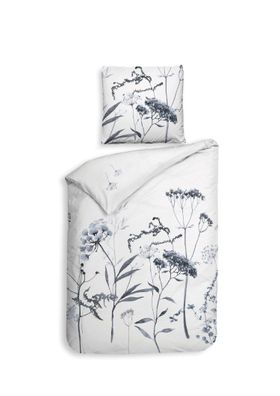 Heckett & Lane Satin Bettwäsche 155x220 Luna White Wiesenblumen Gräser blaugrau