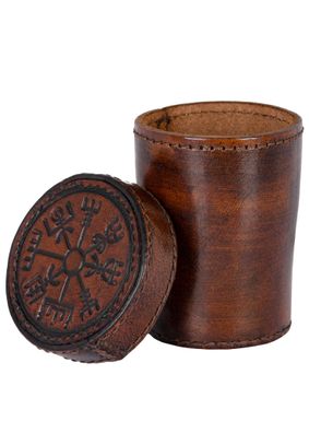 Würfelbecher aus Leder mit Deckel, Vegvisir-Prägung, braun