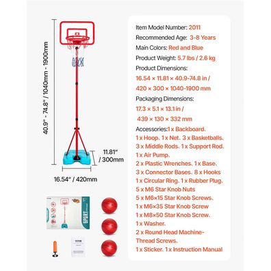 VEVOR Basketballkorb Für Kinder, Höhenverstellbar, Tragbarer Basketballplatz