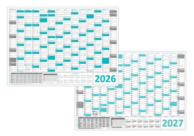 Türkis Wandkalender / Wandplaner 2026 + 2027 gerollt DIN A1 Format 594 x 841 mm