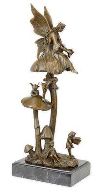Bronzefigur Bronzeskulptur Feen auf Pilz aus Bronze auf Marmorsockel H 46 cm Fantasie