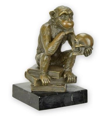 Bronzefigur Bronzeskulptur Tierfigur Affe mit Schädel Bronze auf Marmorsockel H 14 cm