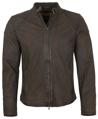 Freaky Nation - Herren Lederjacke Bikerjacke Lammnappa dunkelbraun antik