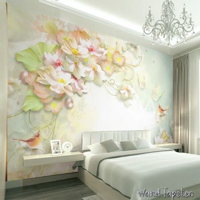 Vlies Fototapete Wandtapete Wandbilder Moderne Grünen Perlenblumen und Vögeln 3133