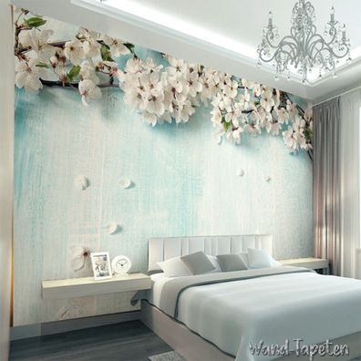 Vlies Fototapete Wandtapete Wandbilder 3D Blaues Holzmaserung Kirschblüten 3135