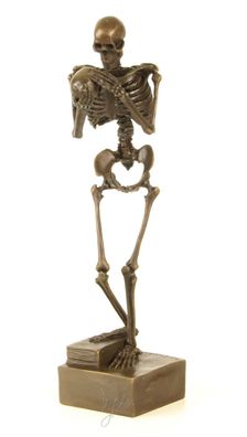 Bronzefigur Bronzeskulptur Skelett Mensch mit Schädel aus Bronze auf Sockel H 28 cm