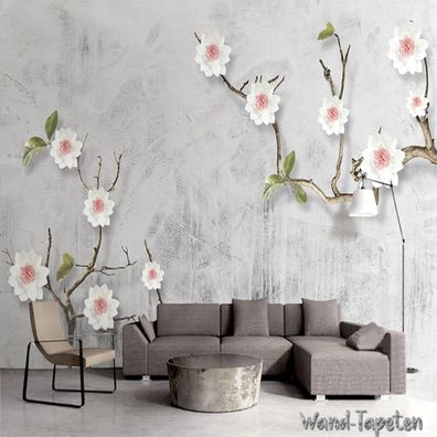 Vlies Fototapete Wandtapete Wandbilder 3D Zweige und Blumen Zementwand 3183