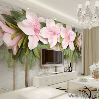Vlies Fototapete Wandtapete Wandbilder 3D Rosa Blume Blatt Ziegelwand 3189