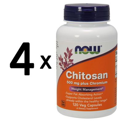 4 x NOW Foods Chitosan, 500mg Plus Chromium - 120 vcaps