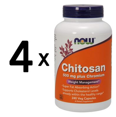 4 x NOW Foods Chitosan, 500mg Plus Chromium - 240 vcaps