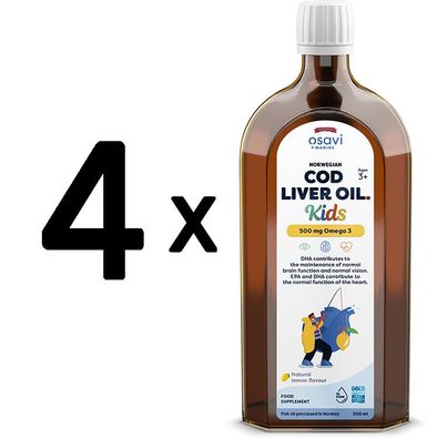 4 x Osavi Norwegian Cod Liver Oil Kids, 500mg Omega 3 (Lemon) - 500 ml