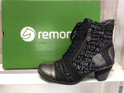 Remonte Damen Stiefelette schwarz-silber mit Schriftdruck, 4,5 cm Absatz