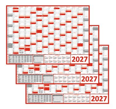 3 Stück Rot Wandkalender Wandplaner 2027 (gerollt) DIN A1 Format (594 x 841 mm)