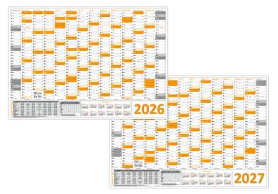Orange Wandkalender Wandplaner 2026 + 2027 gerollt DIN A1 Format (594 x 841 mm)