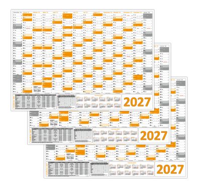 3 Stück Orange Wandkalender Wandplaner 2027 gerollt DIN A1 Format (594 x 841 mm)