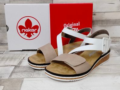 Rieker Damen Keil-Sandale beige/weiss mit Klettverschluss und Zierschnalle