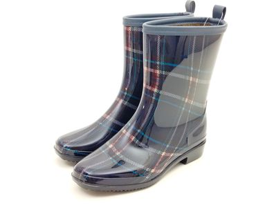 Scandi Damen Regenstiefelette dunkelblau kariert Warmfutter