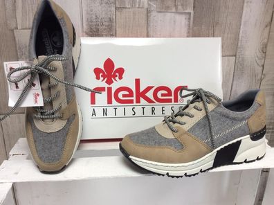Rieker Damen Schnürer grau-beige, weiß-schwarze Keil-Sohle, herausnehmbare Innensohle