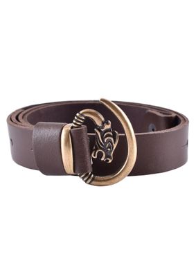 Ledergürtel, Braun mit Wolfskopf, Schnalle bronzefarben