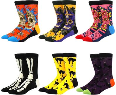 Halloween Socken - 6er-Pack mit Katzen, Schädel & Fledermaus