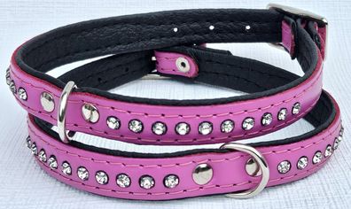 Hundehalsband - Halsband, Halsumfang 30-37cm, LEDER Strass + ROSA;