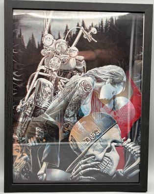 3D-Bild/3-Fach Flip Effekt-Skelett mit Frau in Bar/Motorrad-30x40cm-mit Rahmen