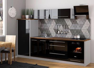 Küchenzeile Platinum Mansardenküche 280cm Teilauszug grau Fronten schwarz Hochglanz