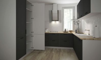 L-Form Küchenzeile Kvantum Küchenblock 248x225cm weiß Front MDF graphit Teilauszug