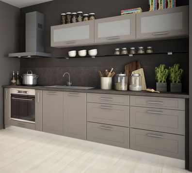 Singelküche Kvantum Küchenzeile 290cm eiche artisan Front MDF beige matt Teilauszug