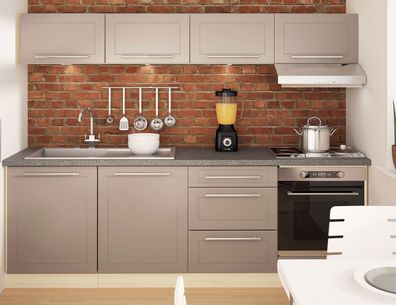 Singelküche Kvantum Küchenzeile 240cm eiche artisan Fronten MDF beige matt Teilauszug